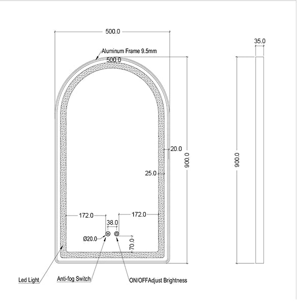 Arch Shaped Brushed Gold Framed Frontlit LED Mirror 500mm by 900mm | Mera Mera