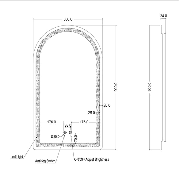 Mera Mera - Arch Shaped Frameless Frontlit and Backlit LED Mirror 500mm by 900mm - Dimensions