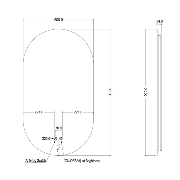 Pill Shaped Frameless Backlit LED Mirror 500mm by 900mm | Mera Mera - Dimensions