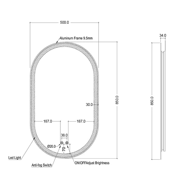 Pill Shaped Frontlit LED Mirror 500mm by 850mm | Mera Mera