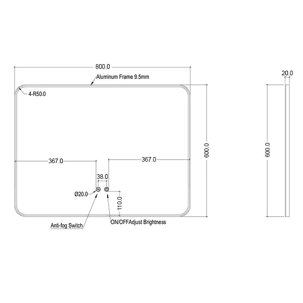 Mera Mera Rectangle Matte Black Framed Backlit LED Mirror 600mm by 800mm| Mera Mera | MMRBY1 - Dimensions