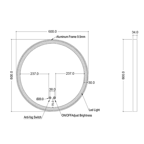 Round Brushed Nickel Framed Frontlit LED Mirror 600mm | Mera Mera - Dimensions