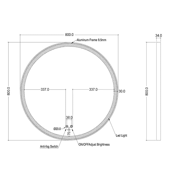 Round Burnt Brushed Gold Framed Frontlit LED Mirror 800mm | Mera Mera - Dimensions