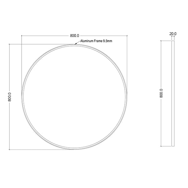 Round Brushed Nickel Framed Mirror 800mm | Mera Mera - Dimensions