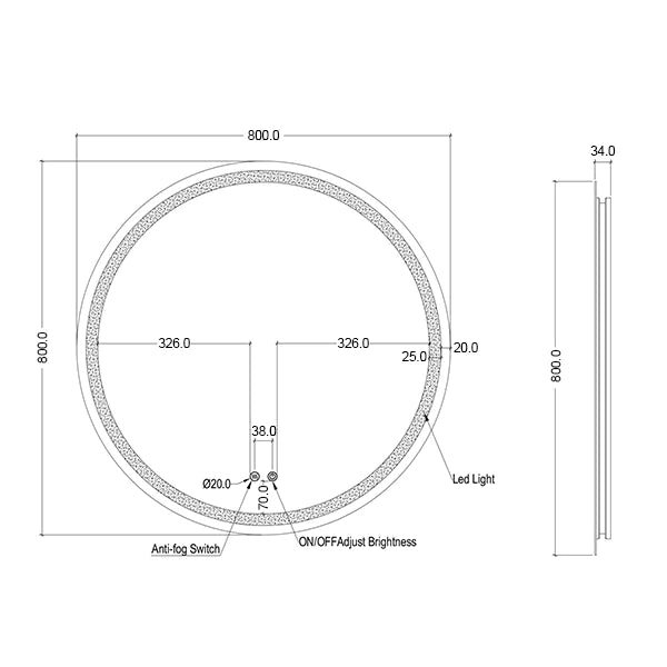 Mera Mera - Round Frameless Frontlit and Backlit LED Mirror 800mm - Dimensions