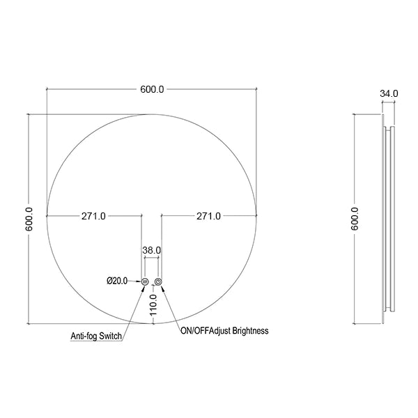 Mera Mera - Round Frameless Backlit LED Mirror 600mm - Dimensions