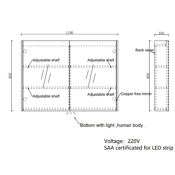 Ash LED 1100mm Shaving Cabinet Dimensions - Mera Mera