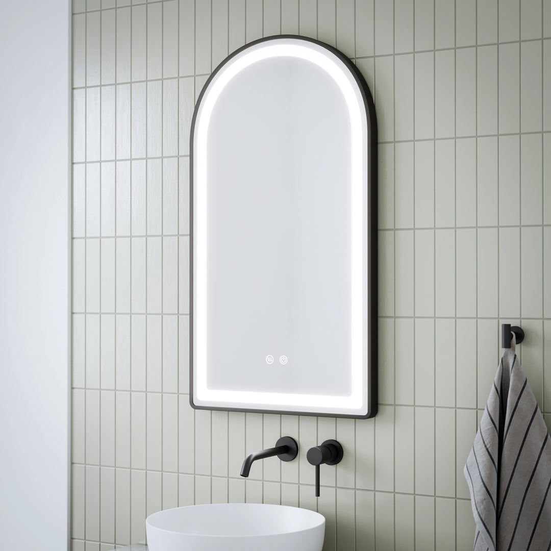 Mera Mera - Arch Shaped Matte Black Framed Frontlit LED Mirror 500mm by 900mm