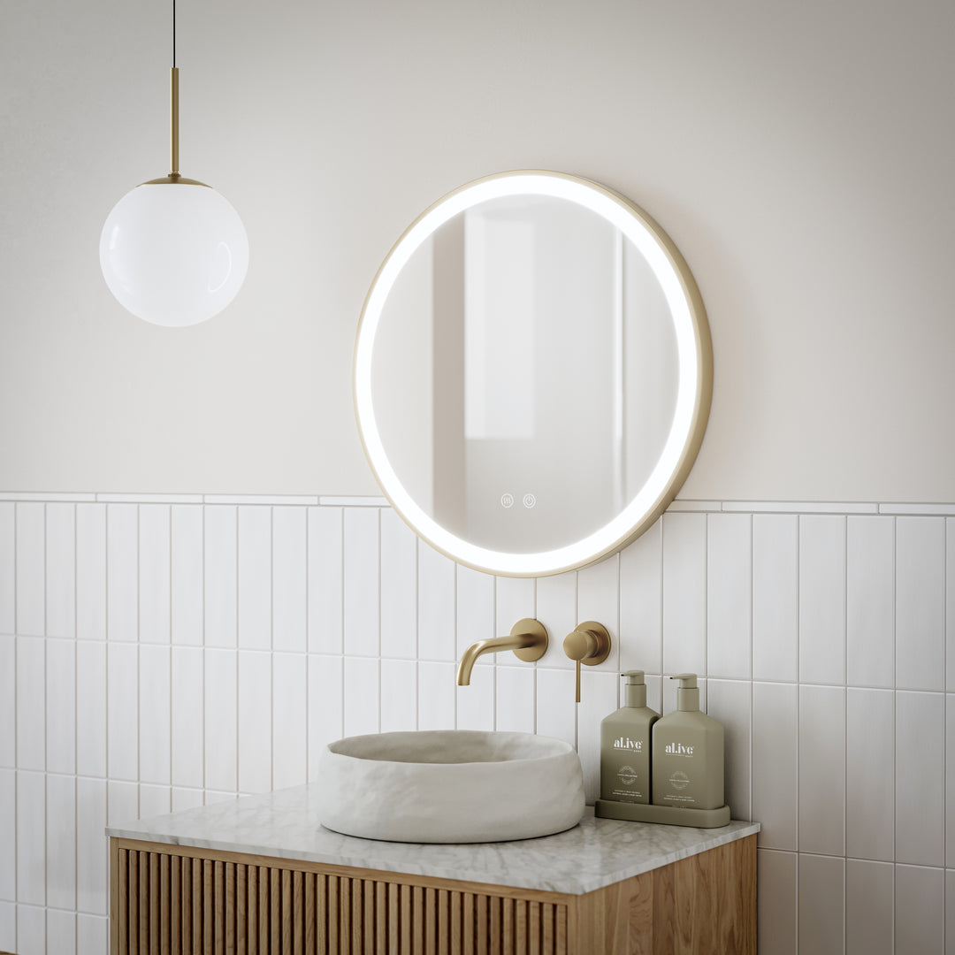 Round Brushed Gold Framed Frontlit LED Mirror 600mm | Mera Mera 