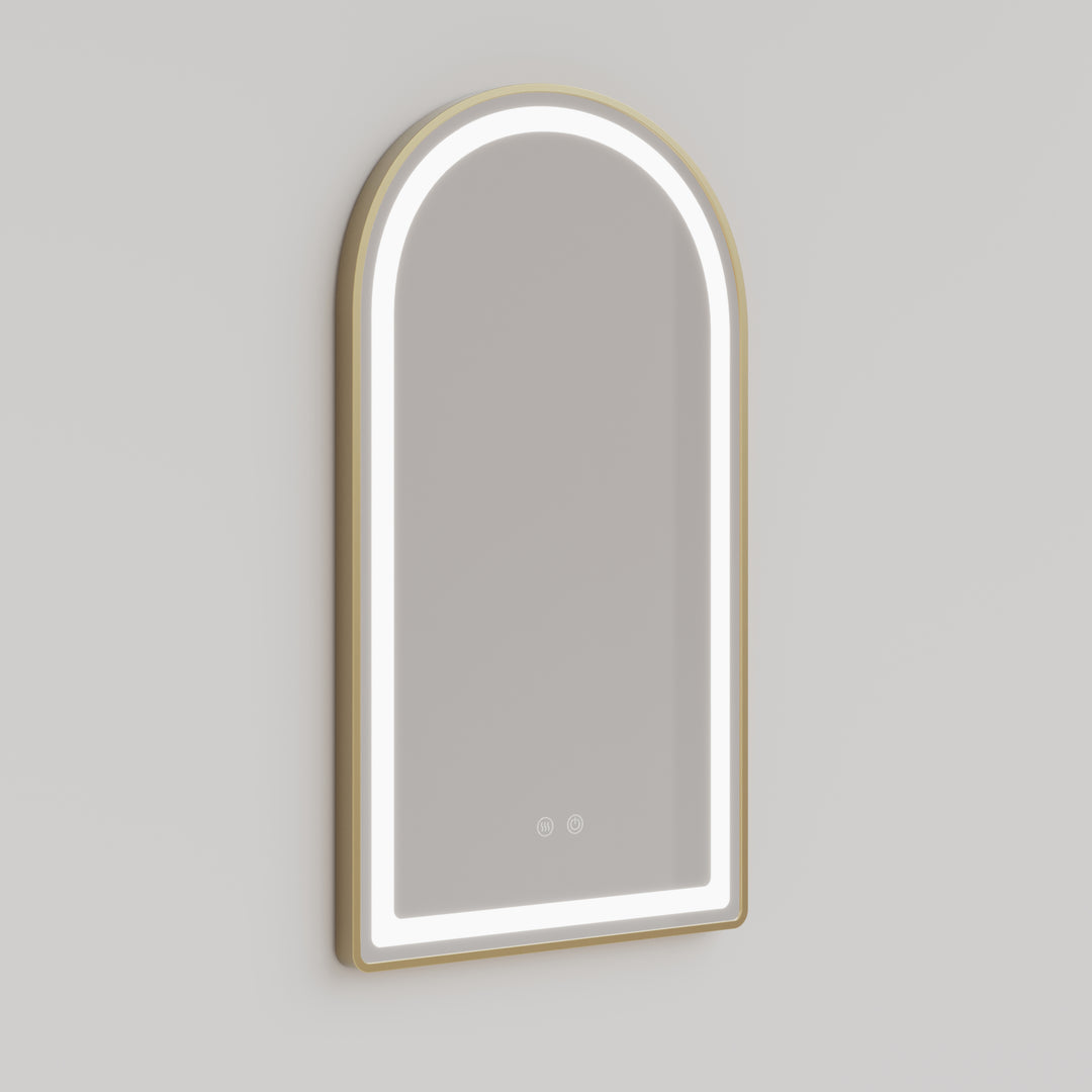 Arch Shaped Brushed Gold Framed Frontlit LED Mirror 500mm by 900mm | Mera Mera