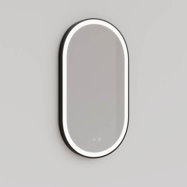 Pill Shaped Matte Black Framed Frontlit LED Mirror 500mm by 850mm | Mera Mera