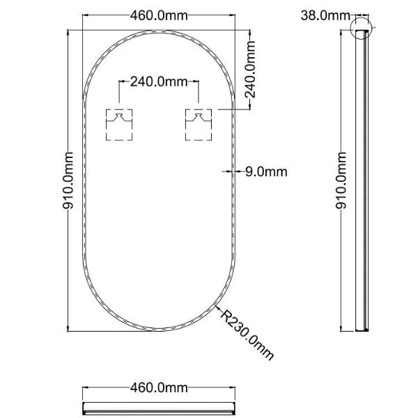 INGRPM90-BN |Mera Mera Pill Shaped Brushed Nickel Framed Mirror 460mm by 910mm Technical Drawing