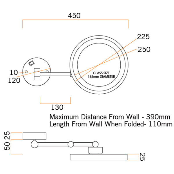 Thermogroup Ablaze 3x Magnifying Mirror with Cool Light Matte Black Technical Drawing - Mera Mera