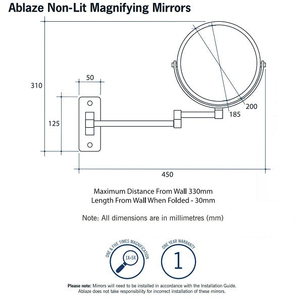 Technical Specification: Thermogroup Ablaze Magnifying Mirror 1x & 5x Mag - Mera Mera