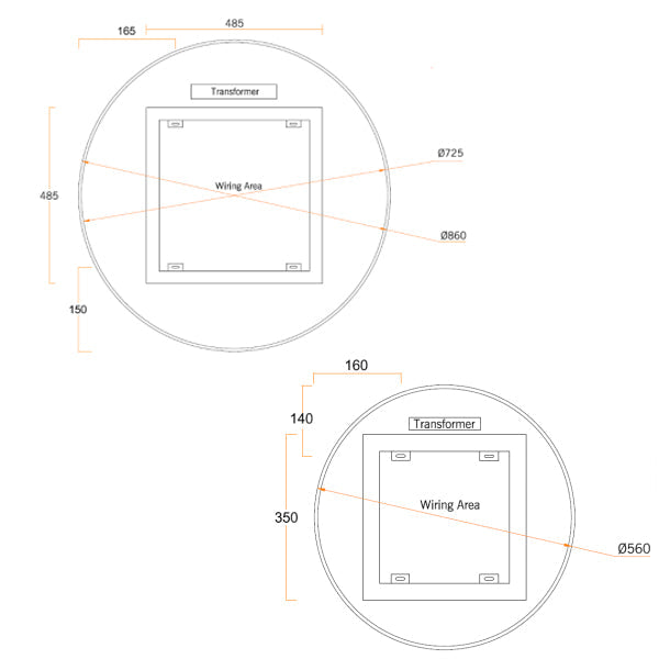 Technical Drawing - Thermogroup Ablaze Premium RS Range Back-Lit Mirror - Mera Mera