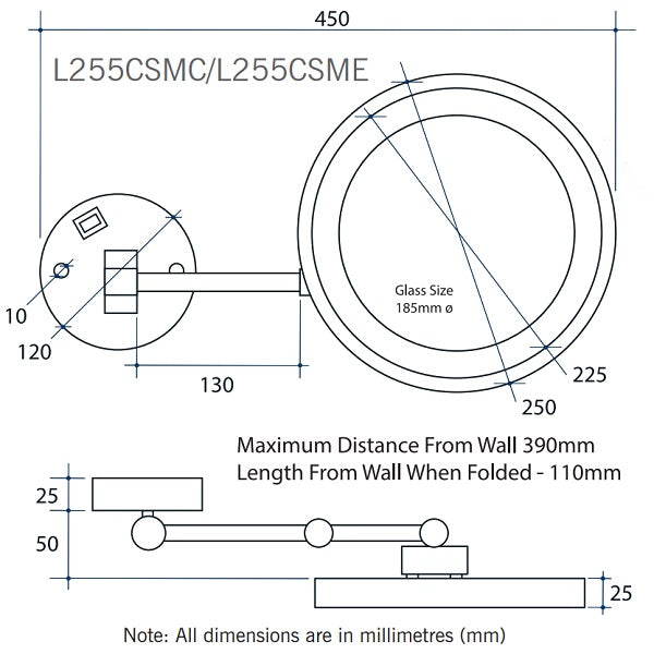 Technical Drawing: Thermogroup Ablaze Lit Magnifying Mirror 5x Mag - Mera Mera