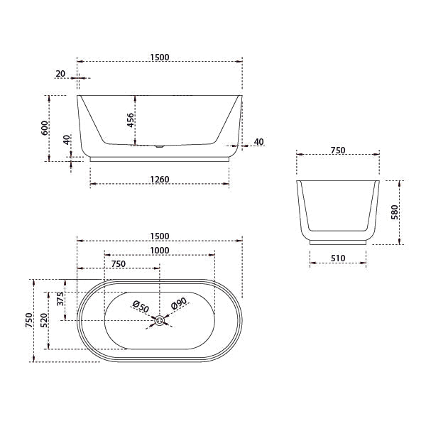 Baö Elegant 1500mm Freestanding Bath - line drawing - Mera Mera