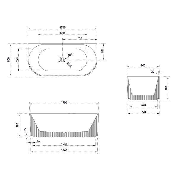 Baö Fluted 1700mm Back to Wall Bath - Matte White - line drawing - Mera Mera