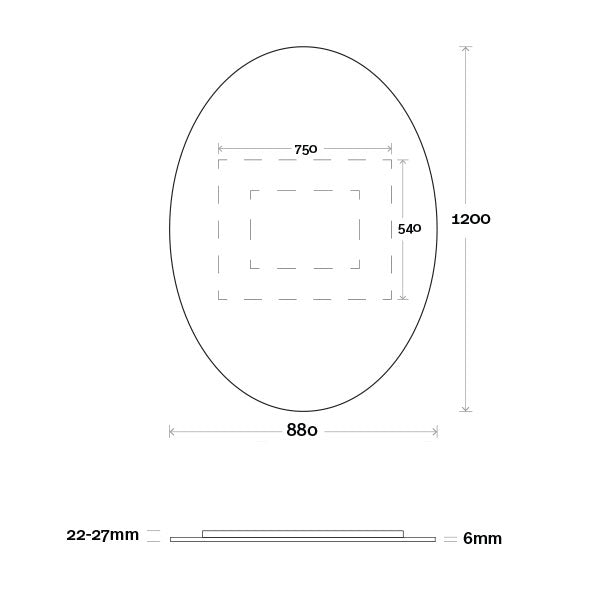 Marquis Oval Mirror 880mm Technical Drawing - Mera Mera