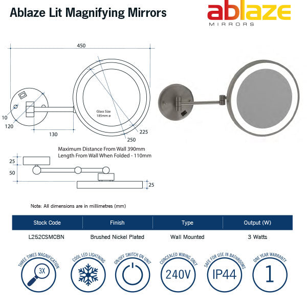 Thermogroup Ablaze 3x Magnification Wall Mounted Shaving Mirror Technical Drawing - Online at Mera Mera