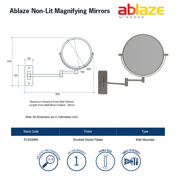 Thermogroup Ablaze Double sided 1 & 5x Magnification Wall Mounted Shaving Mirror Technical Drawing - Online at Mera Mera