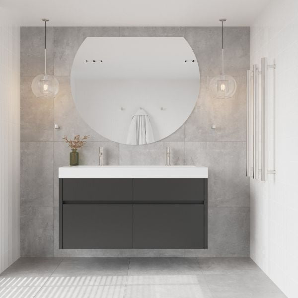 Thermogroup Hamilton Ablaze Mirror D-Shaped Polished Edge Mirror 1200mm features wall hung double bowl vanity, brushed nickel taps and heated towel rails | Mera Mera